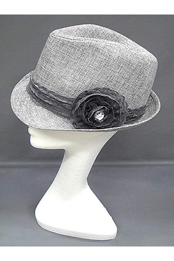 Fedora Straw Hat w/ Lace Trim Corsage - Silver - HT-1184SI