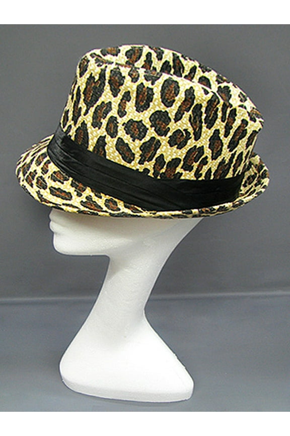 Fedora Straw Hat w/ Leopard Print - Beige - HT-1183BEMT