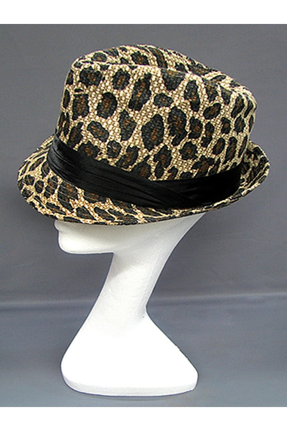 Fedora Straw Hat w/ Leopard Print - Brown - HT-1183BRMT
