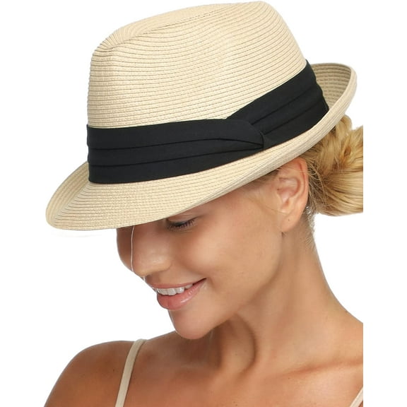 Fedora Straw Sun Hat for Men Women Foldable Roll Up Short Brim Hat Panama Beach Hat UPF 50+