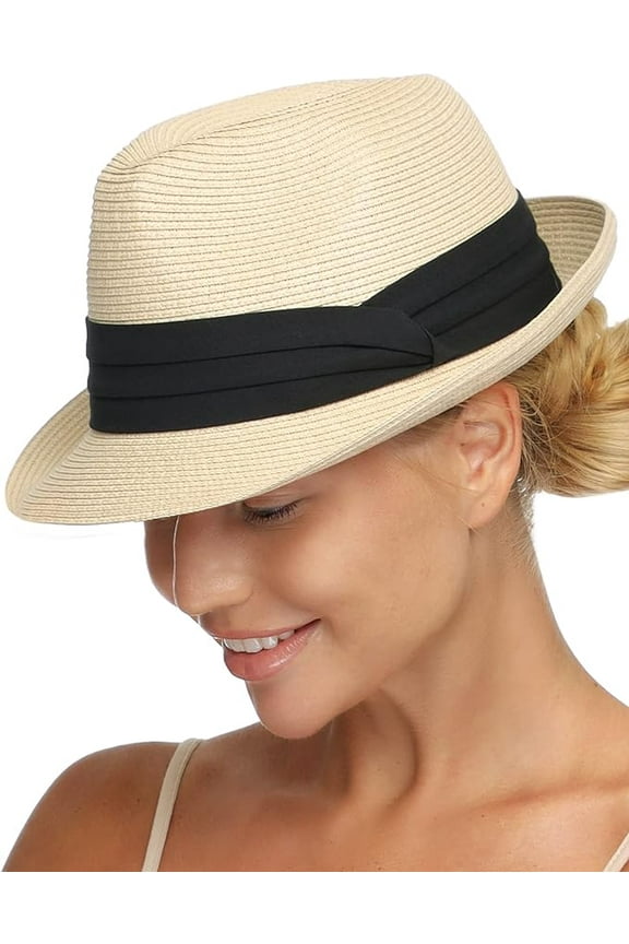 Fedora Straw Sun Hat for Men Women Foldable Roll Up Short Brim Trilby Hat Panama Beach Hat UPF 50+