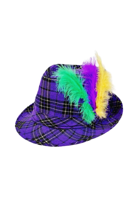 Fedora Sun Hats For Women Purple With Checkered Print Sun Protection Cap