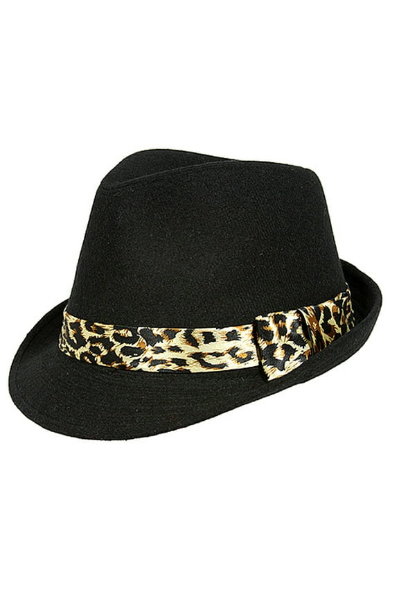 Fedora - Wool-Felt w/ Leopard Print Band - Black - HT-FHT2492BK