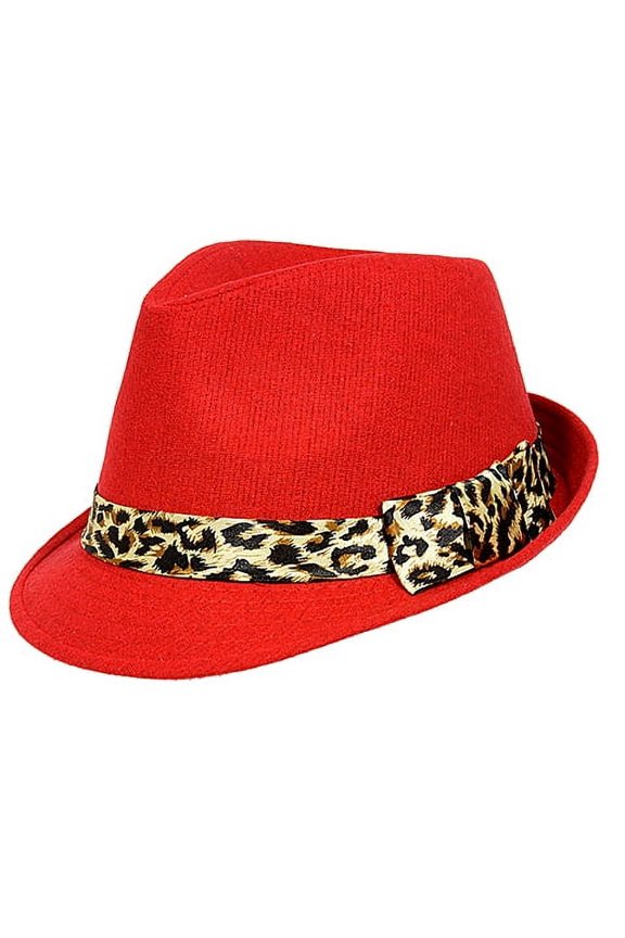 Fedora - Wool-Felt w/ Leopard Print Band - Red - HT-FHT2492RD