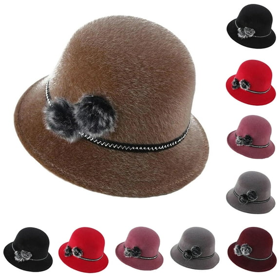 Fedoras Cap Jazz Women Pompom Dome Hat Bowler Vintage Elegant Ladies Church Winter Autumn Warm Hat Gray One Size