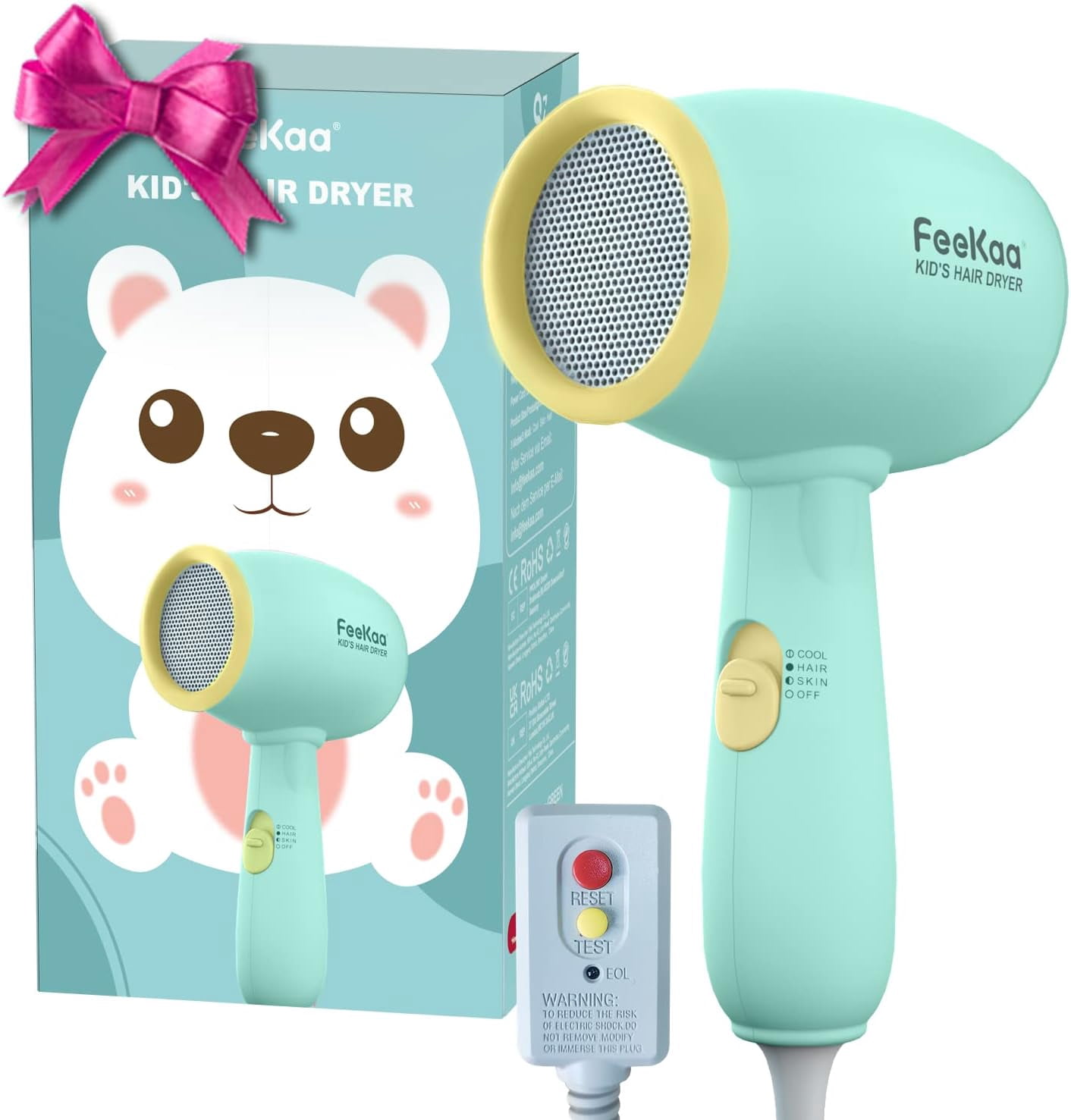 FeeKaa Kids Hair Dryer - Blow Dryer with Low Noise Gentle Heat for Baby New Born Shower - Green - Xmas Gift