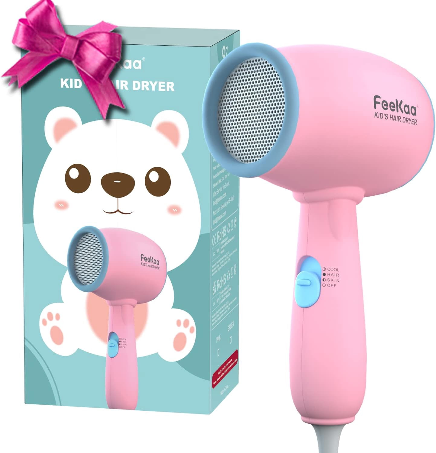 FeeKaa Kids Hair Dryer - Blow Dryer with Low Noise Gentle Heat for Baby New Born Shower, Gift - Pink