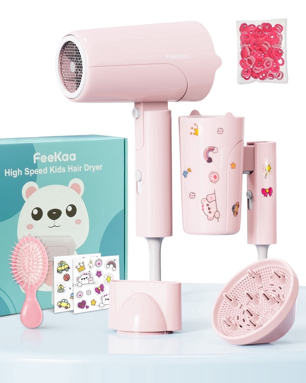 Feeka Children's Small Professional Ionic Hair Dryer, Foldable, High Speed, 100 Million Negative Ions, Mini Travel, Auto Shut-Off, Pink