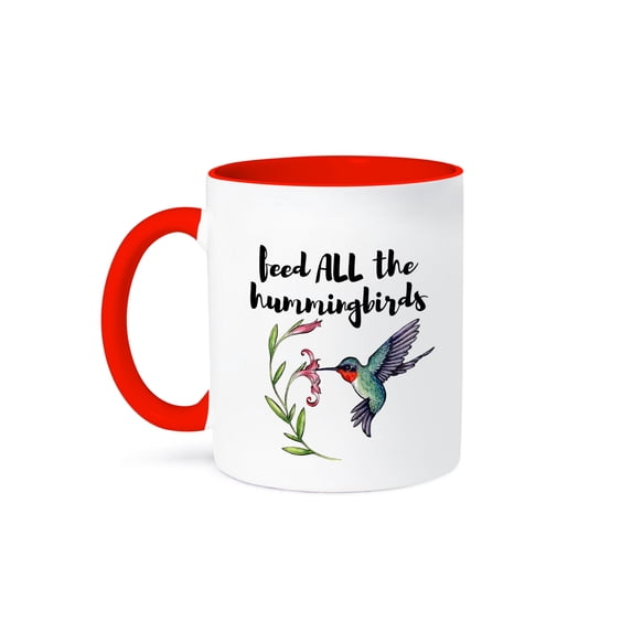 3drose, Feed All the Hummingbirds. Black Cursive Letters on White Background., 11oz Two-tone Red Mug