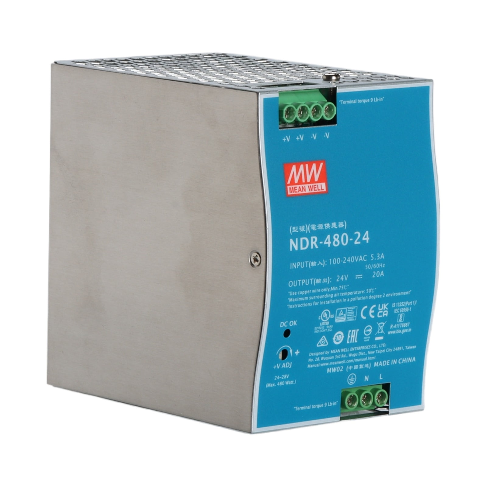 Feedannce 24V 20A 480W DIN Rail Power Supply, Industrial Automation, MEAN WELL NDR-480-24
