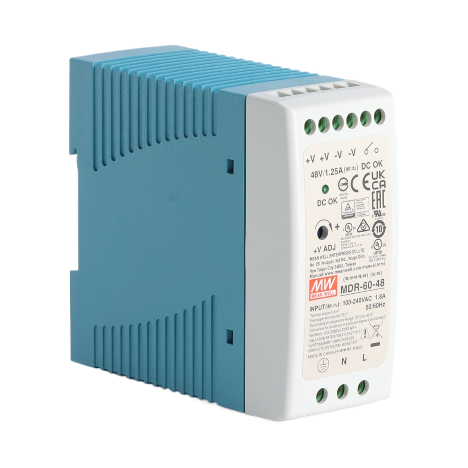 Feedannce 48V 1.25A 60W Industrial DIN Rail Power Supply, Automation, Control, MEAN WELL MDR-60-48