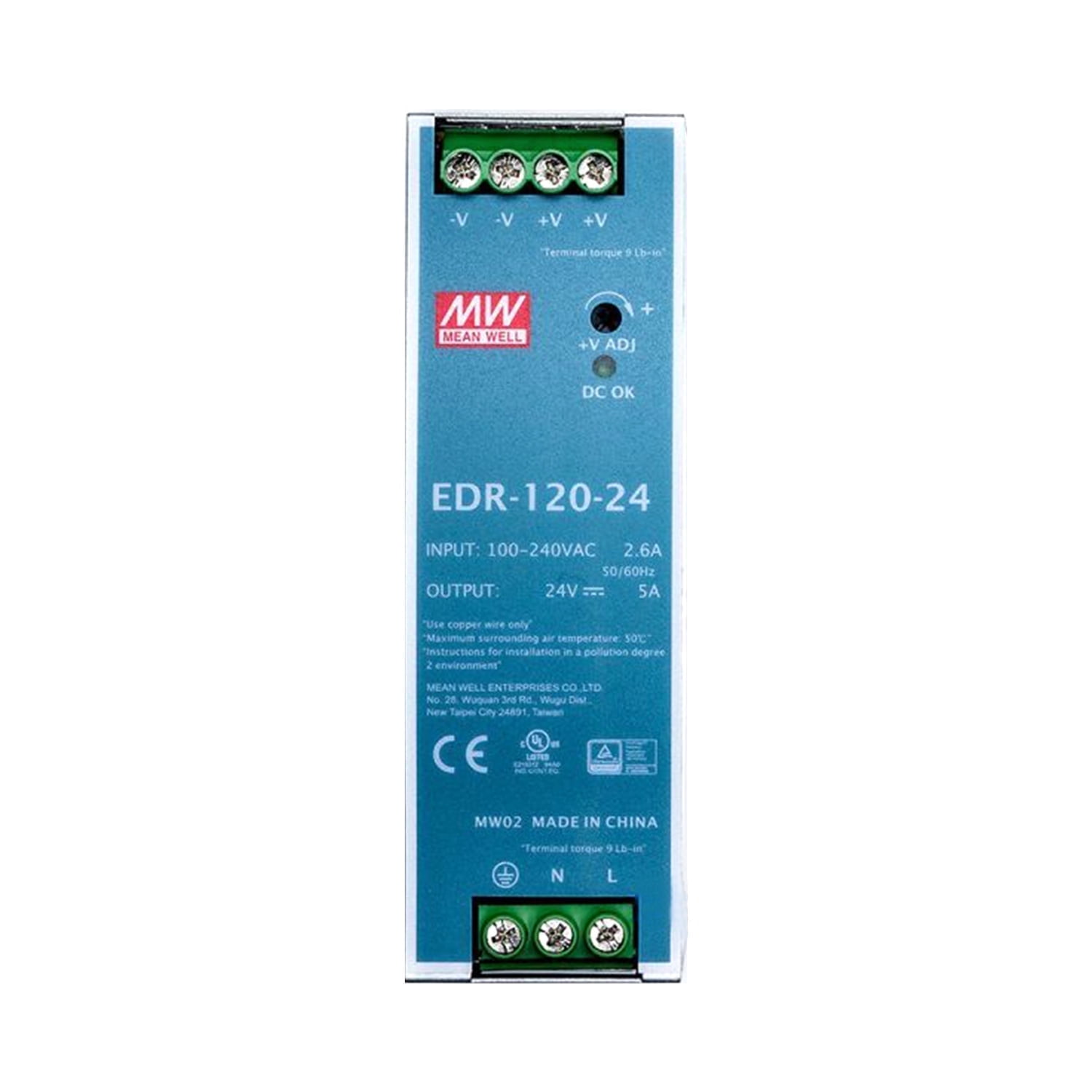 Feedannce DIN Rail Industrial Power Supply，MEAN WELL EDR-120-24 24V 5A 120W High Reliability