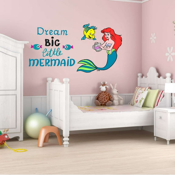 Feeding Fish Dream Big Little Mermaid Teal Colorful Fish Salt Water Princess Creatures Seahorse Queen Sweet Dreams Bedtime Unicorn Lovely Dear Dream Wall Decal Sticker - Size: 20 In X 12 In
