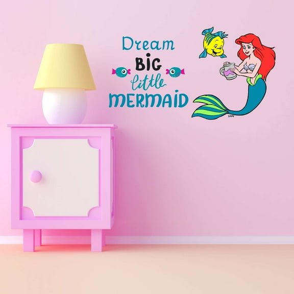 Feeding Fish Dream Big Little Mermaid Teal Colorful Fish Salt Water Princess Creatures Seahorse Queen Sweet Dreams Bedtime Unicorn Lovely Dear Dream Wall Decal Sticker - Size: 20 In X 12 In