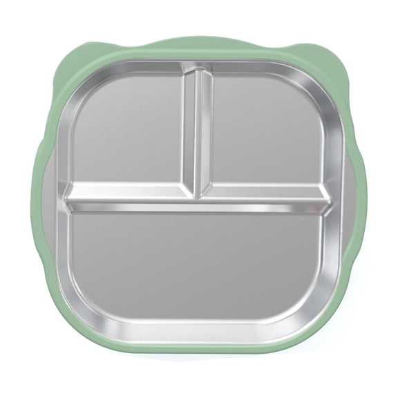 Feeding Plate with Stainless Steel Divider, Silicone Suction Base, Non-slip, Heat Resistant, Divided Plate, Easy to Clean for Home and Travel Use, Green