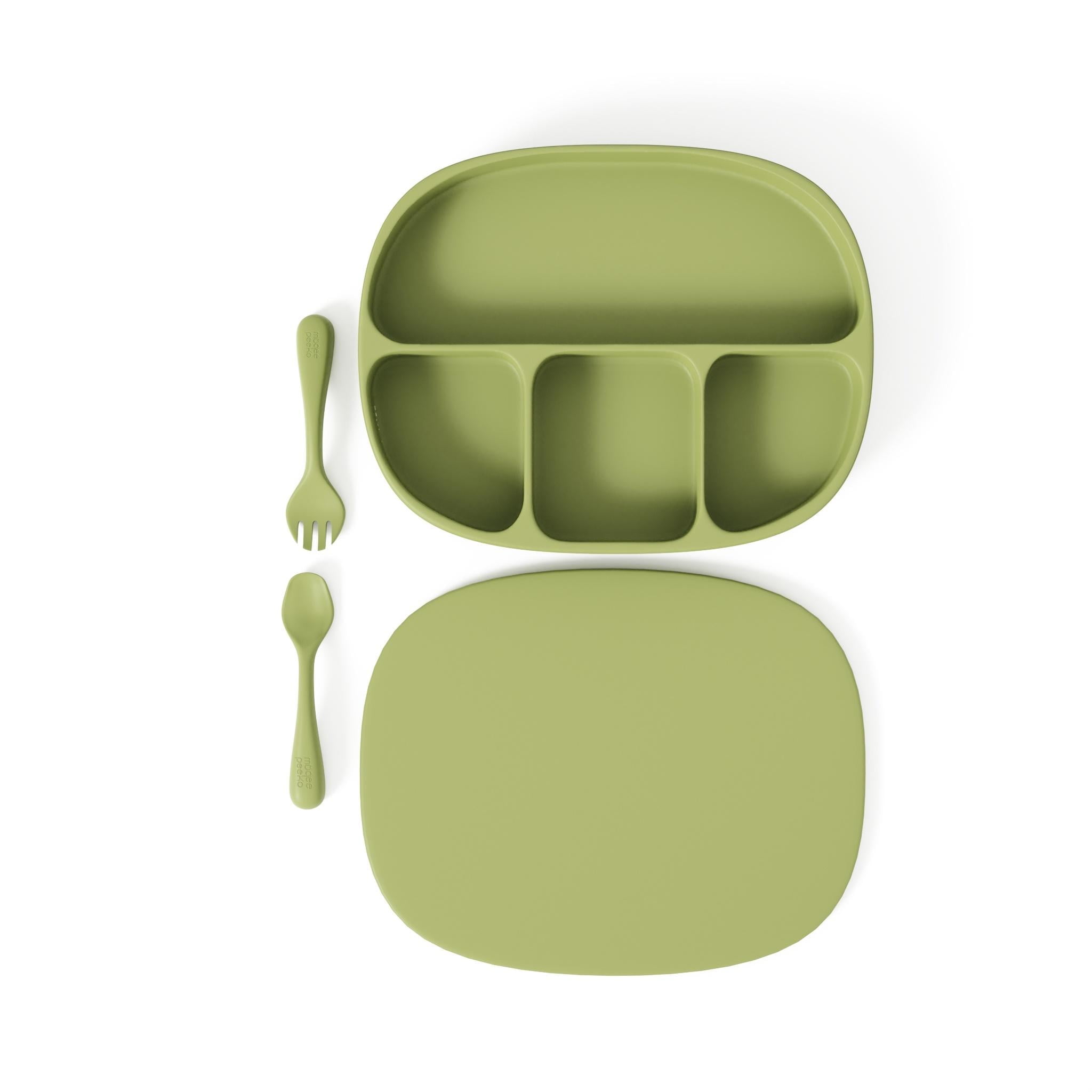 Muqee Peeko Baby Feeding Set Green Tray with Sections and Utensils 3 Piece