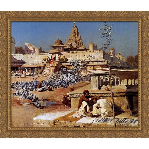 Feeding The Sacred Pigeons, Jaipur 34x28 Large Gold Ornate Wood Framed Canvas Art by Edwin Lord Weeks