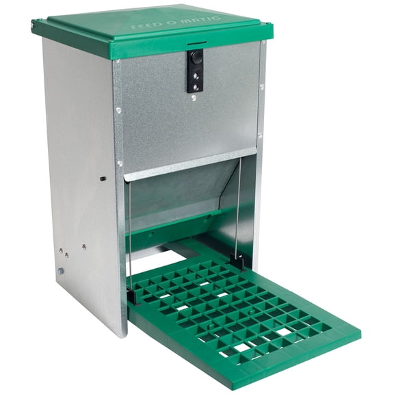 Hatching Time Automatic Chicken Feeder, 17 lb Capacity, Steel and Plastic Poultry Feeder, Treadle Operated, Pest Proof, Coop Use