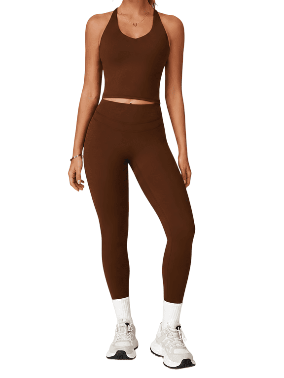 2 Piece Workout Sets for Women, Scoop Neck Backless Criss Cross Yoga Outfit with Built-in Bra, High Stretch Quick Dry Athletic Set for Gym Running