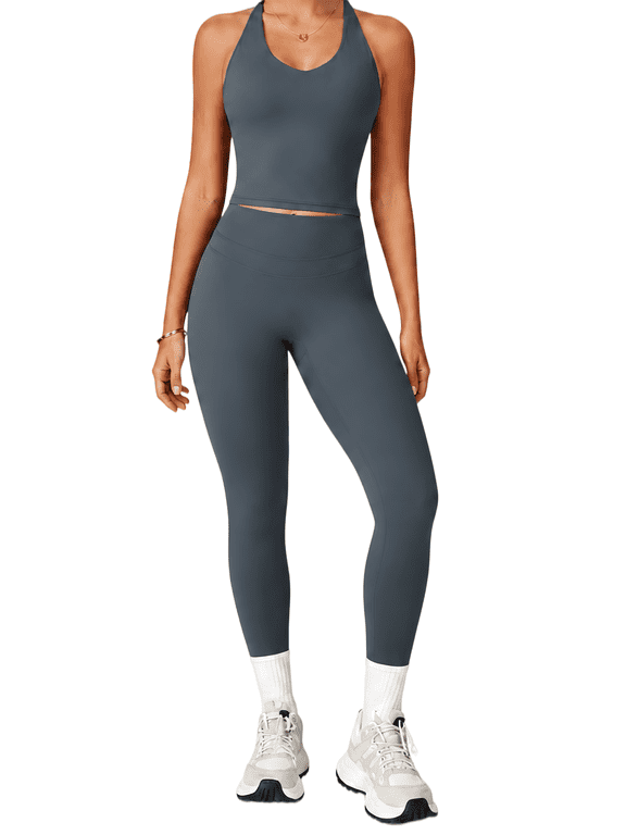 2 Piece Workout Sets for Women, Scoop Neck Backless Criss Cross Yoga Outfit with Built-in Bra, High Stretch Quick Dry Athletic Set for Gym Running