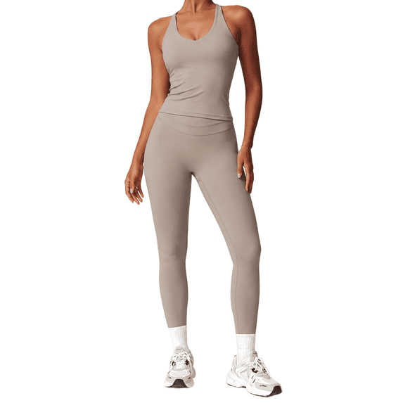 Feekit 2 Piece Workout Sets for Women, Scoop Neck Backless Criss Cross Yoga Outfit with Built-in Bra, High Stretch Quick Dry Athletic Set for Gym Running