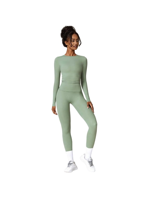 Women's 2-Piece Workout Set, Long Sleeve Backless Top & High Waist Athletic Pants, Quick-Dry Running & Yoga Tracksuit