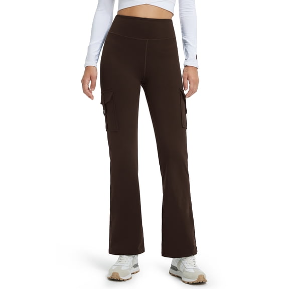Feekit Women's Fleece Lined Cargo Flare Pants, High Waisted Stretch, 4 Pockets