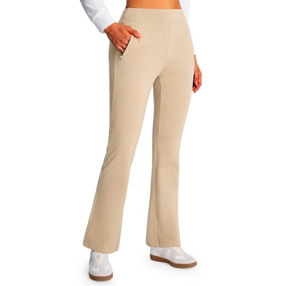 Feekit Women's Fleece Lined Flare Pants, High Waisted Stretch Casual Pants with Zipper Pockets, Soft Warm Yoga Pants for Everyday Wear