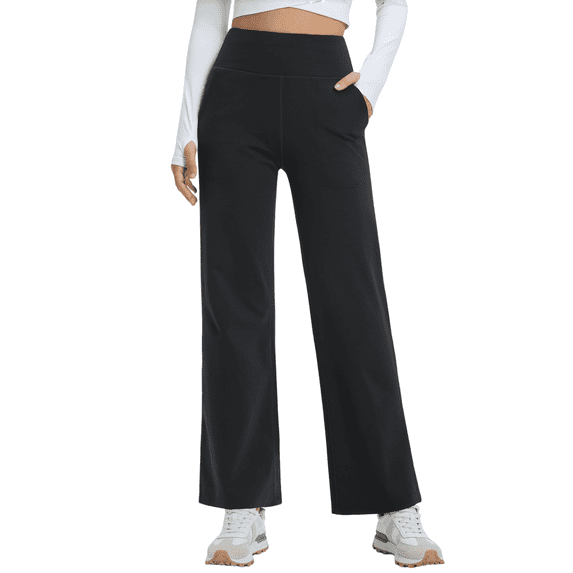 Feekit Women's Fleece Lined Wide Leg Yoga Pants, High Waisted Stretch Lounge Pants with 2 Deep Pockets