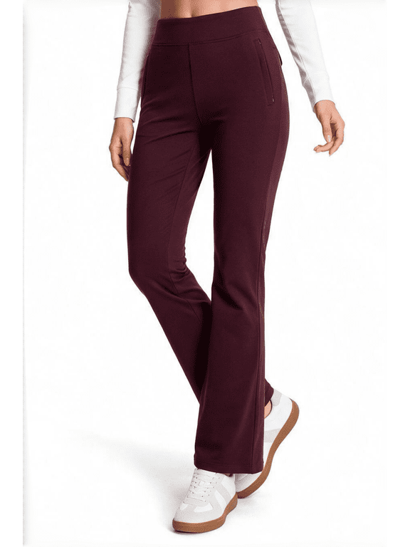 Women's Fleece Lined Flare Pants, High Waisted Stretch Casual Pants with Zipper Pockets, Soft Warm Yoga Pants for Everyday Wear