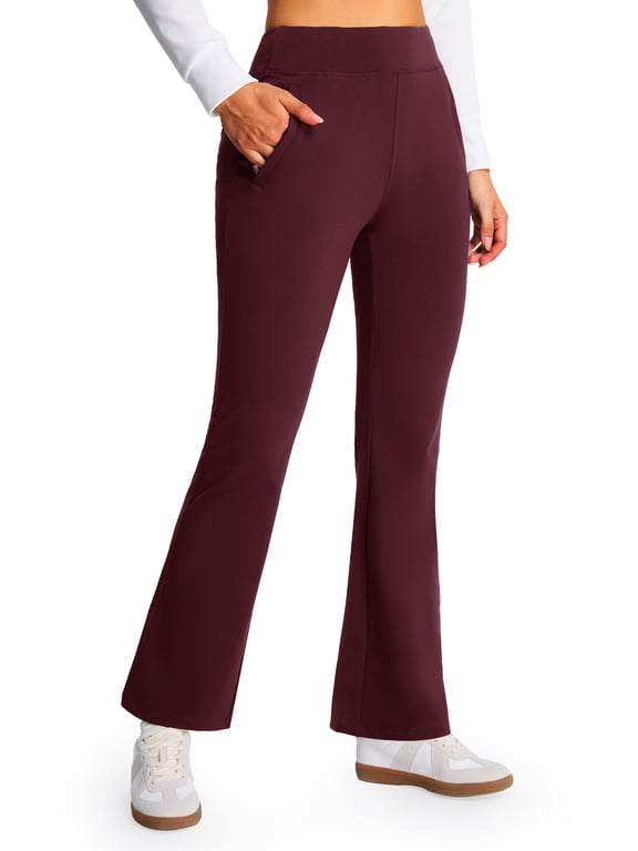 Women's Fleece Lined Flare Pants, High Waisted Stretch Casual Pants with Zipper Pockets, Soft Warm Yoga Pants for Everyday Wear