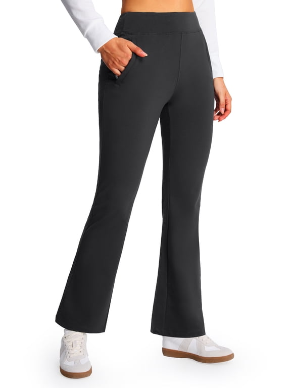 Women's Fleece Lined Flare Pants, High Waisted Stretch Casual Pants with Zipper Pockets, Soft Warm Yoga Pants for Everyday Wear