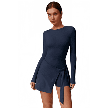 Feekit Women's Long Sleeve Tennis Golf Dress with Built-in Shorts High Stretch Athletic Workout Romper Skort Dress with Thumb Holes