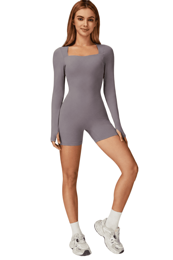 Women's Long Sleeve Workout Romper, Square Neck One Piece Yoga Jumpsuit, Stretch Athletic Bodysuit Shorts for Gym, Running and Fitness