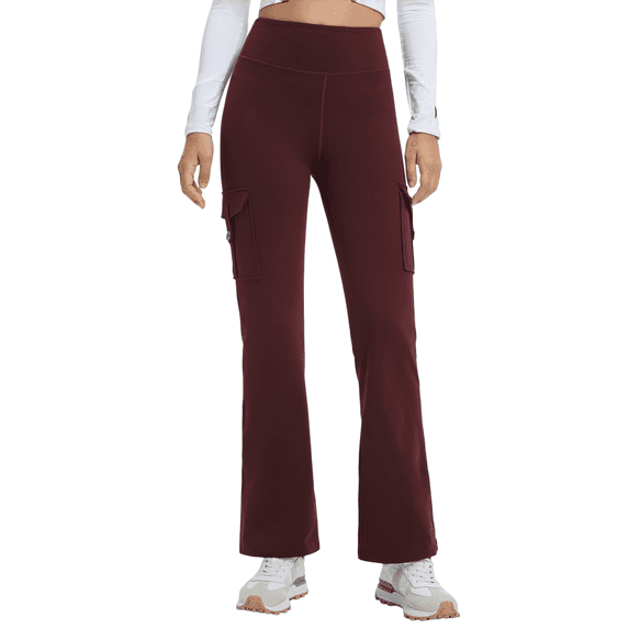 Feekit Women's Fleece Lined Cargo Flare Pants, High Waisted Stretch Winter Bootcut Casual Pants with 4 Flap Pockets