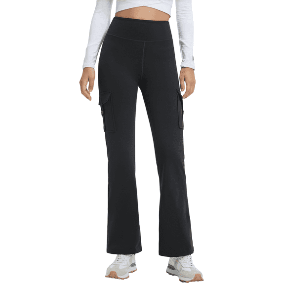 Feekit Women's Fleece Lined Cargo Flare Pants, High Waisted Stretch Winter Bootcut Casual Pants with 4 Flap Pockets