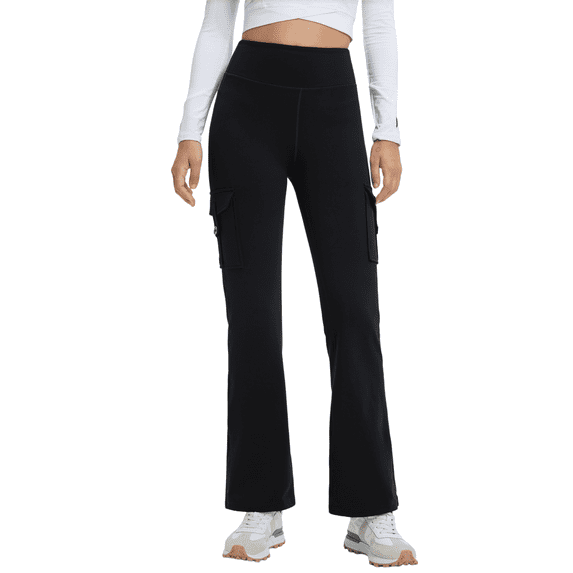 Feekit Women's Fleece Lined Cargo Flare Pants, High Waisted Stretch Winter Bootcut Casual Pants with 4 Flap Pockets