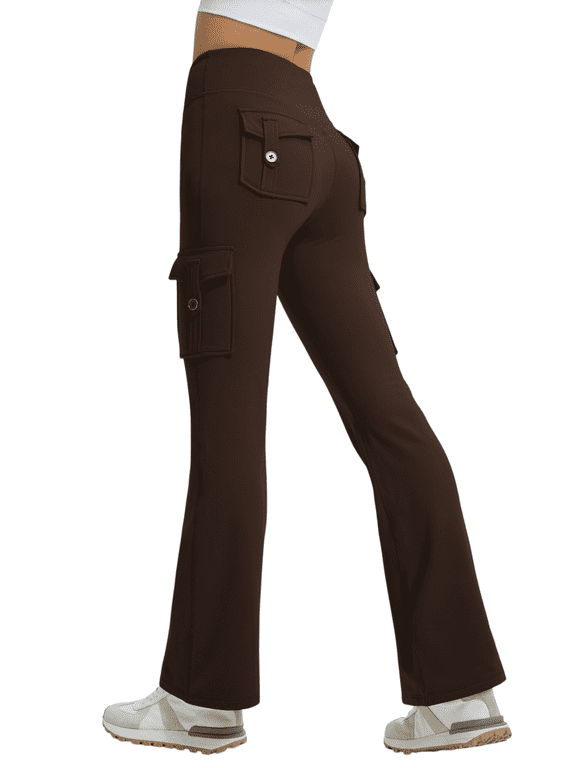 Women's Fleece Lined Cargo Flare Pants, High Waisted Stretch Winter Bootcut Casual Pants with 4 Flap Pockets