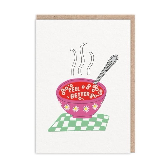 Feel Better Card with Soup Design Cheerful Illustration for Get Well Wishes Blank Inside, Envelope Included Perfect for Friends and Family on the Mend