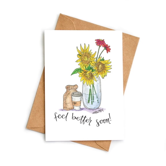 Feel Better Soon Card with Sunflowers Beautiful Coffee and Floral Design Includes Envelope Perfect Get Well Greeting Card