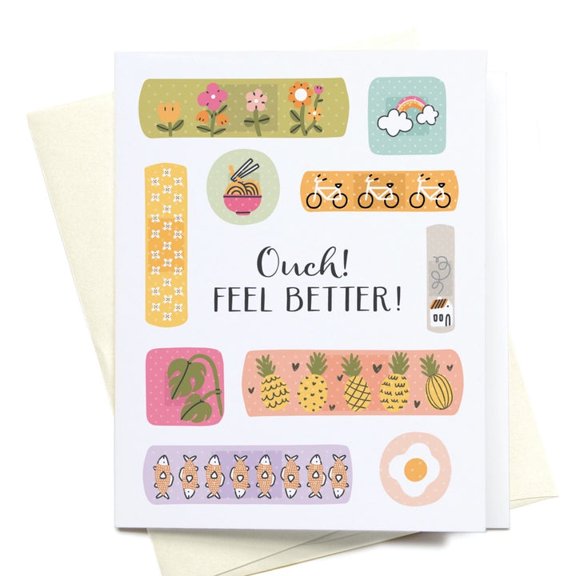 Feel Better Soon Greeting Card Cheerful "Ouch! Feel Better!" Design Cute Stickers & Illustrations Blank Inside with Envelope Perfect Get Well Soon Gift