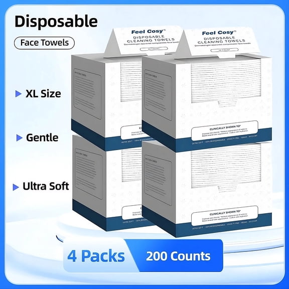 Feel Cosy Disposable Face Towels, XL, 200 Count, 4 Pack, Ultra Soft & Eco-Friendly for Makeup Removal and Skincare