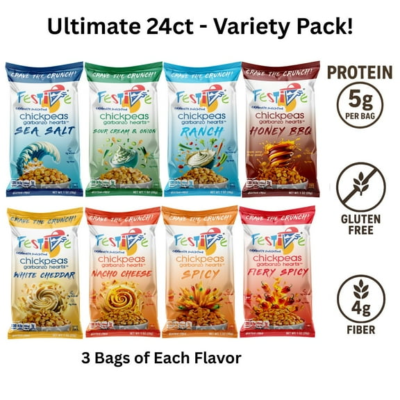 Snack Festive Roasted Chickpeas   Ultimate Variety, 24ct Snack Bags                   (3 Each of 8 Flavors: BBQ, Ranch, Sour Cream, Sea Salt, Spicy, Fiery Spicy, Nacho, Cheddar) Nut-Free, Non-GMO, V
