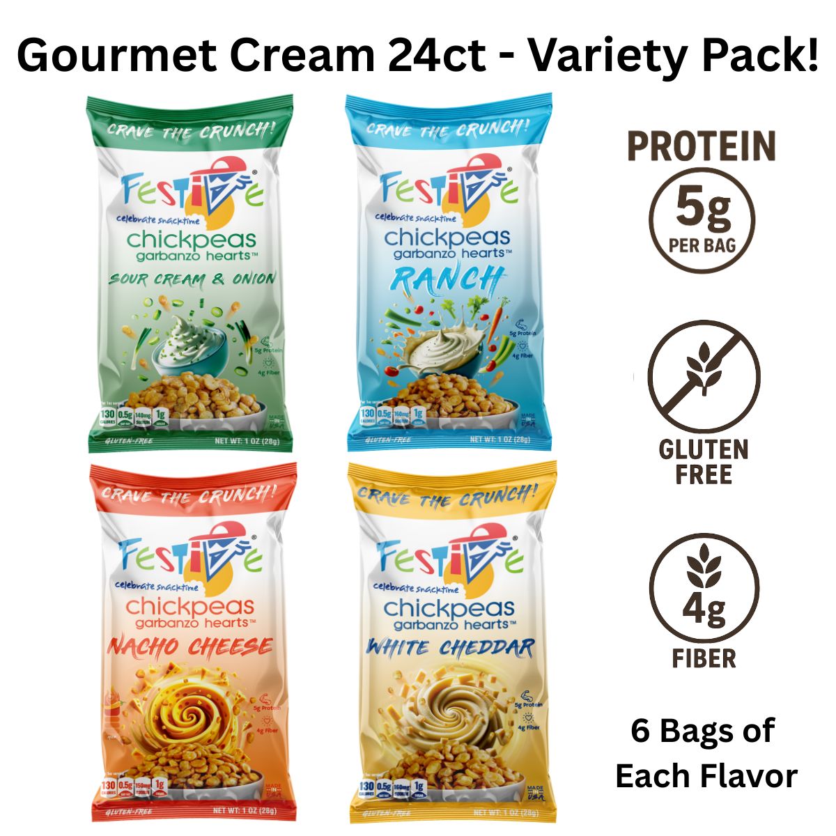 Snack Festive Roasted Chickpeas – Gourmet Cream, 24ct Snack Bags (6 of Each of 4 Flavors: Ranch, Sour Cream, Nacho, Cheddar) Nut-Free, Non-GMO, Vegan, Soy-Free