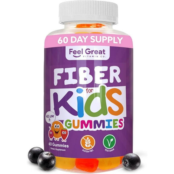 Feel Great Fiber Gummies for Kids Digestive Support | Constipation Relief for Kids | Fruity Flavored Chewable Kids Fiber Gummies | Vegetarian Supplements | 60 Day Supply