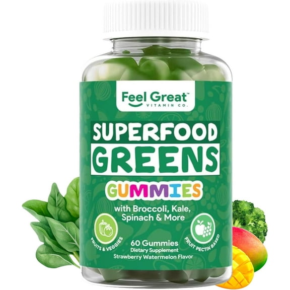 Feel Great Super Greens Gummies - Green Superfoods Supplement with Spinach, Broccoli, Kale, Beet Root, Elderberry for Immunity Support - Fruit and Vegetable Supplement - Watermelon Flavor, 60 Gummies