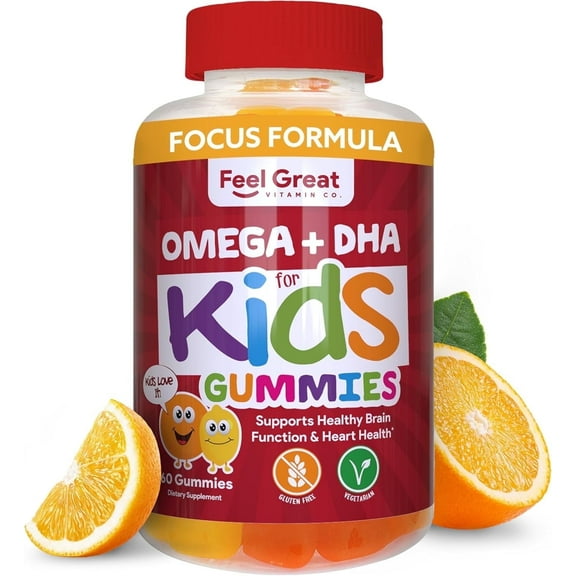 Feel Great Vitamin Co. Complete DHA Gummies for Kids | with Omega 3 6 9 + DHA, Vitamin C | Supports Healthy Brain Function, Vision & Heart Health | Gluten Free, Vegetarian | 60 Gummies