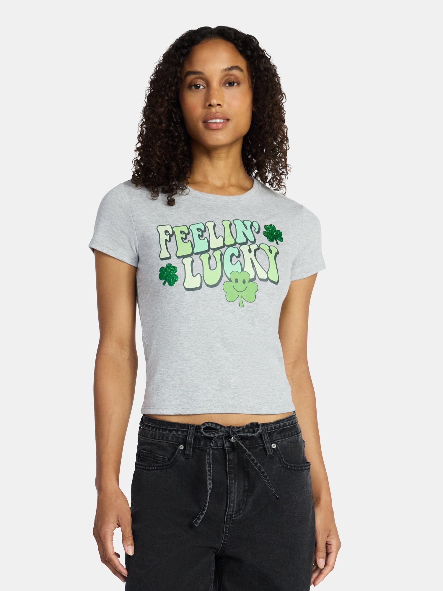 St. Patrick's Day Women's Feel Lucky Graphic Tee with Short Sleeves, Sizes XXS-XXL