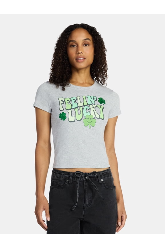 St. Patrick's Day Women's Feel Lucky Graphic Tee with Short Sleeves, Sizes XXS-XXL