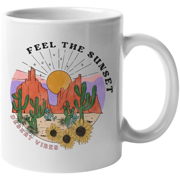 Feel the Sunset Desert Vibes, Retro Western Desert Art Merch Gift, White 11oz Ceramic Mug